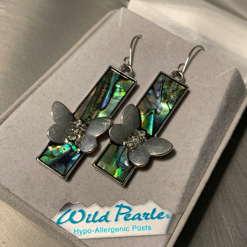A.T. Storrs Wild Pearle Abalone Butterfly Earrings NIB
